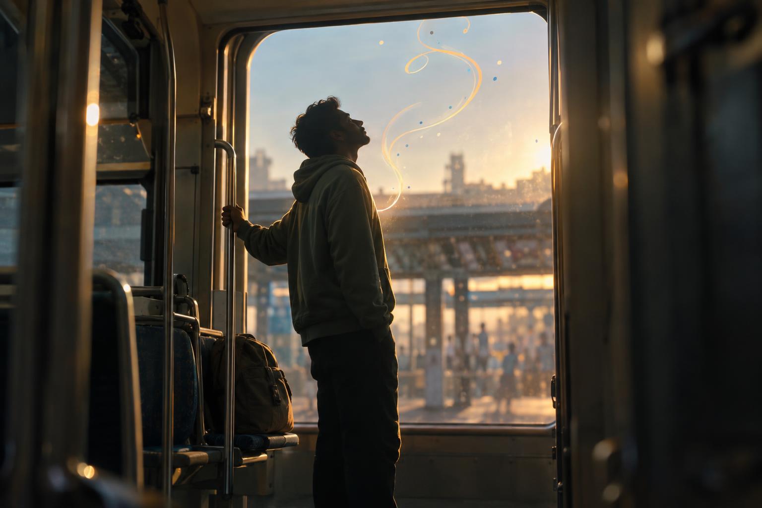 Silhouette of a young South Asian man in a train station at sunrise looking up toward the sky.