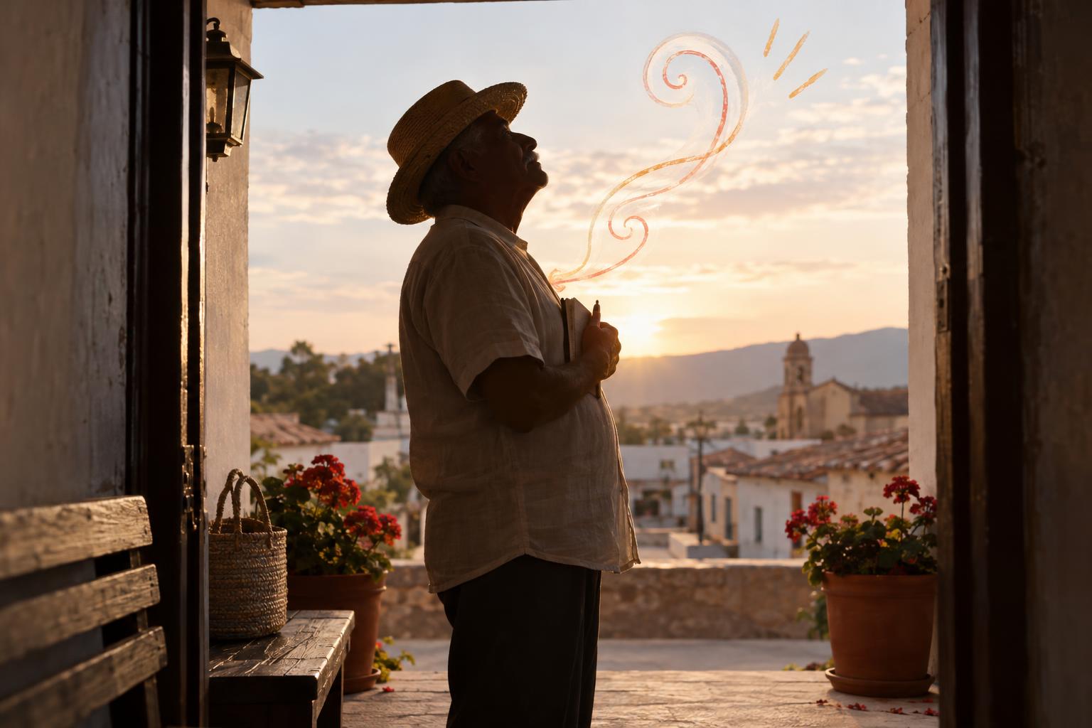 Silhouette of an older man on a porch holding a notebook and looking toward the sky.