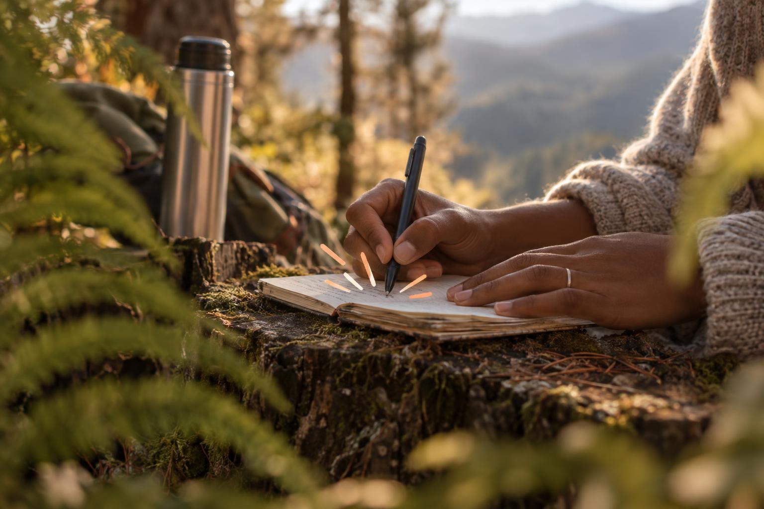Brown hands writing in a notebook on a stump along a mountain trail at dawn.