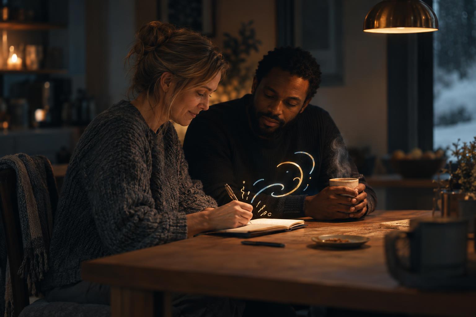 Two coworkers (white woman in her forties and Black man in his thirties) in profile, she writes in a notebook beside a steaming cup.