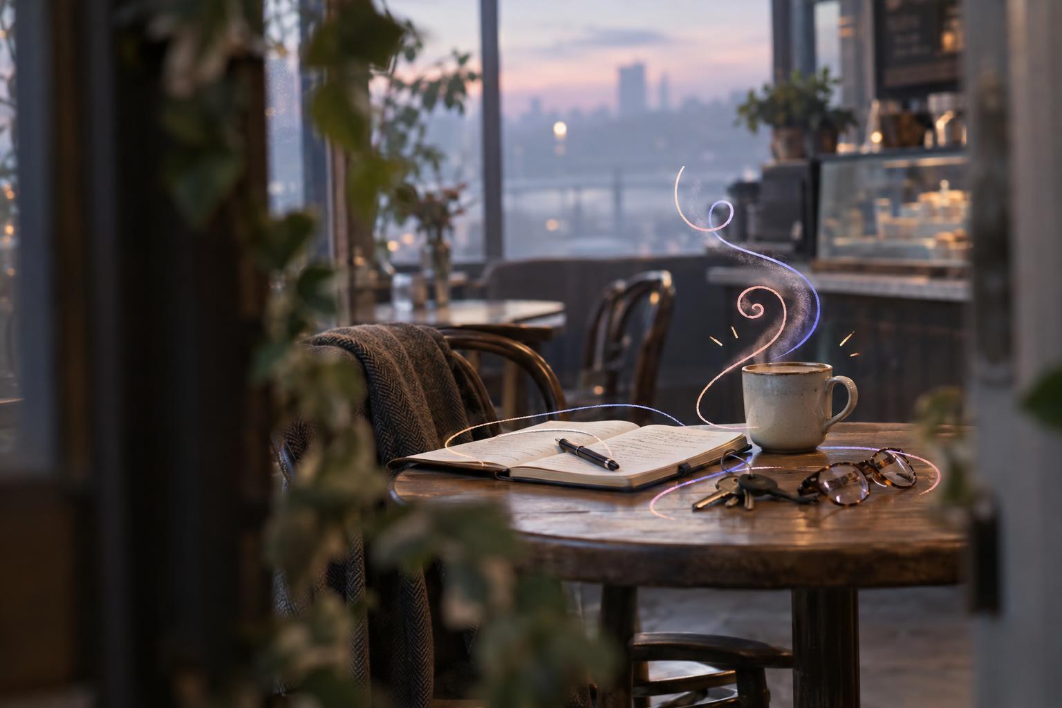 A low-angle café still at dawn shows a worn notebook, a mug, a jacket, house keys and glasses on a table.